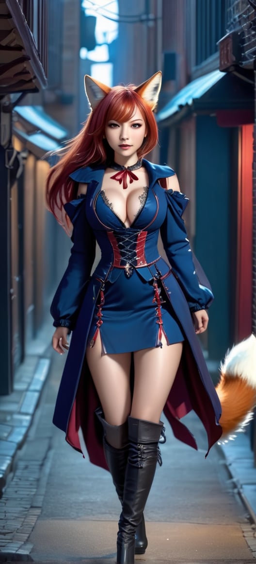 kitsune, red hair, red fur, open jacket, corset dress (over breast, deep blue), boots (thigh high, lace up the side, low heels, leather), tails (fox, six in total), D cup breasts, shapely, adventurer, low western fantasy stiled buildings, photorealistic, walking along a darkened fantasy alley way, furry female, night, no winsows, no light fixtures, Expressiveh, dark theme,