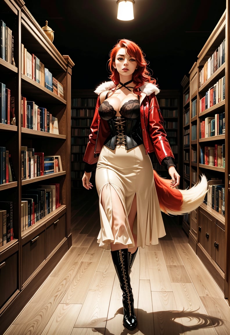 kitsune, red hair, red fur, open jacket, corset (lace up the front, over breast, beige, modern style), long skirt, boots (thigh high, lace up the side, pronounced heels, modern style), tails (fox, six in total), D cup breasts, shapely, adventure, modern clothing, photorealistic, red latex, walking amoung darkened library shelves. night, no winsows, no light fixtures,Expressiveh,dark theme