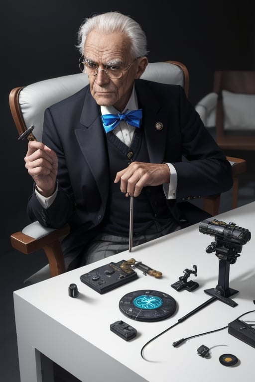 The image shows an elderly man with a stern expression, seated in a chair that has a classic design, indicative of mid-20th-century furniture. He is dressed formally in an Edwardian black suit and white shirt, complemented by a blue bow-tie. The man is holding a small object, which appears to be a key, in his right hand, and he is pointing it towards the camera, as if presenting it. His left hand is resting on what seems to be a walking stick. A control panel or a piece of equipment with various buttons and dials is in front of him. The background is blurred but suggests a setting with a circular motif, possibly indicating a technological or futuristic environment. The overall impression is that of a character who might be from a science fiction series, given the mix of traditional attire and futuristic elements.