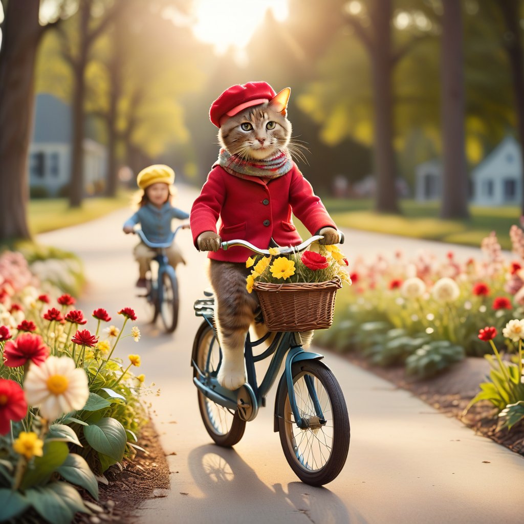 A whimsical scene featuring a large, anthropomorphic cat wearing a red cap and yellow scarf riding a vintage bicycle with a young girl sitting behind holding the cat's waist. The cat has a cheerful expression, while the girl looks excited. The setting is a sunlit park with blooming flowers and a clear blue sky. The composition is centered, with the bicycle in motion, creating a sense of movement and joy. Soft, warm lighting enhances the playful atmosphere.