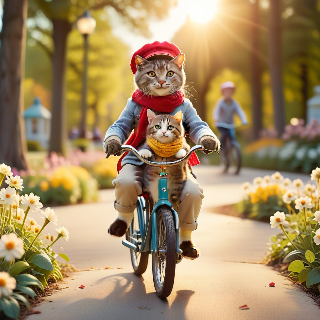 A whimsical scene featuring a large, anthropomorphic cat wearing a red cap and yellow scarf riding a vintage bicycle with a young girl sitting behind holding the cat's waist. The cat has a cheerful expression, while the girl looks excited. The setting is a sunlit park with blooming flowers and a clear blue sky. The composition is centered, with the bicycle in motion, creating a sense of movement and joy. Soft, warm lighting enhances the playful atmosphere.