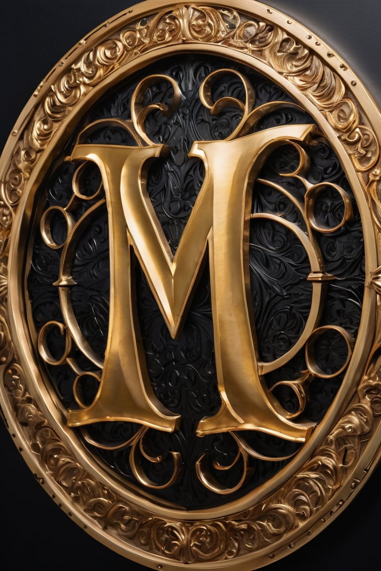  A majestic golden ((MQ Creativity)) monogrammed on a sleek black background write in the center. . The camera frames the metallic letters from a low angle, emphasizing their grandeur. Softbox lighting casts a warm glow, highlighting the intricate details of the engraving. The composition is simple yet powerful, with the (MQ Creativity)  centered and surrounded by darkness.