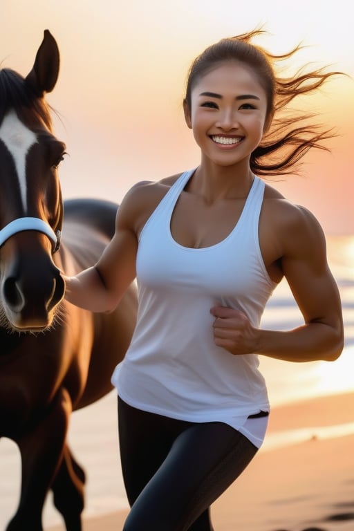 A fitness foreign woman, her determined face radiant. Her bright smile and energetic pose convey a sense of joy and accomplish  seabeach, white cloth, black horse and sunset.