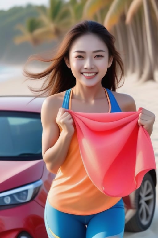 A fitness foreign woman, her determined face radiant. Her bright smile and energetic pose convey a sense of joy and accomplish and sandbeach. pinch cloth,near the car.