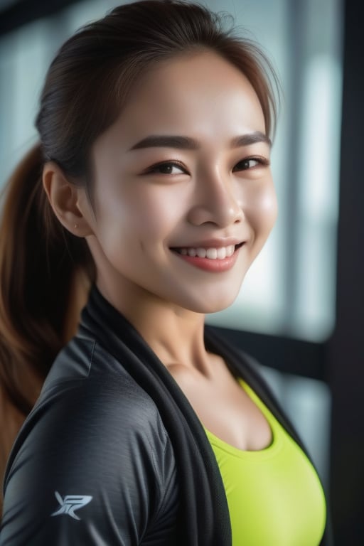 A fitness foreign woman, her determined face radiant. Her bright smile and energetic pose convey a sense of joy and accomplish and sandbeach. black cloth,the sleeping room