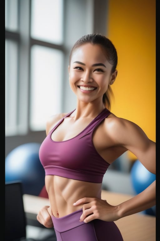 A fitness foreign woman, her determined face radiant. Her bright smile and energetic pose convey a sense of joy and accomplish and sit down in her office.