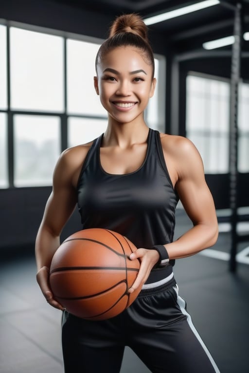 A fitness foreign woman, her determined face radiant. Her bright smile and energetic pose convey a sense of joy and accomplish  in sport room, black cloth, basket ball.chest bigger