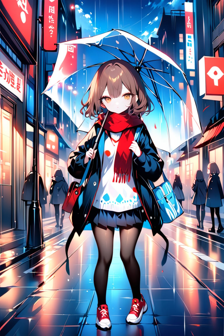 (masterpiece), (best quality), illustration, ultra detailed, hdr, Depth of field, (colorful),loli,[Artist:wlop],[[Artist:sheya]],Artist:hiten_(hitenkei), umbrella, scarf, holding umbrella, rain, skirt, outdoors, holding, 1girl, red scarf, brown hair, bag, sky, blue skirt, night, pleated skirt, shoes, socks, coat, sneakers, looking at viewer, short hair, shirt, brown eyes, 1boy, transparent, transparent umbrella, city, building, open clothes, standing, cloud, walking, long sleeves, white shirt, cloudy sky, jacket, parted lips, sign, miniskirt, shoulder bag, lamppost, open coat, solo focus, full body, road sign,black stockings