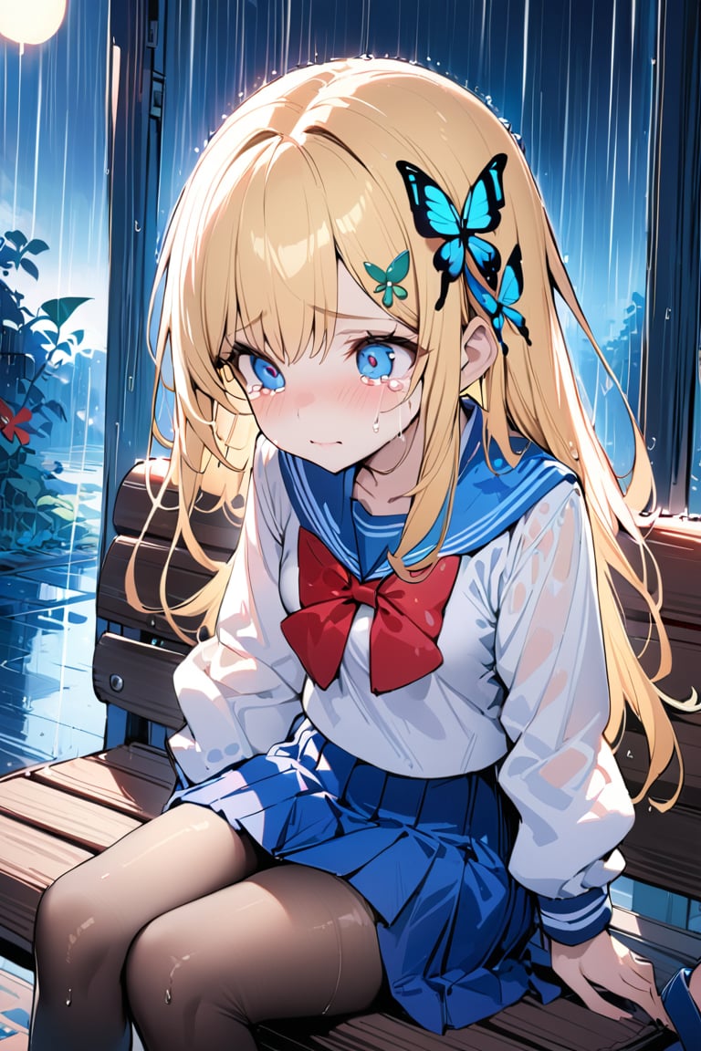 Best quality, very good, 16000, ridiculous, extremely detailed, gorgeous transparent jade butterfly hairpin, background rain outdoor scene ((masterpiece full of fantasy elements))), (((best quality)), ((intricate details)), (anime style), (girl with long blond hair, blue eyes, school uniform with red bow, sitting on a bench), (crying), (pouring rain), (wet hair and clothes), (gloomy atmosphere), (soft lighting), (Tears mixed with rain),black stockings