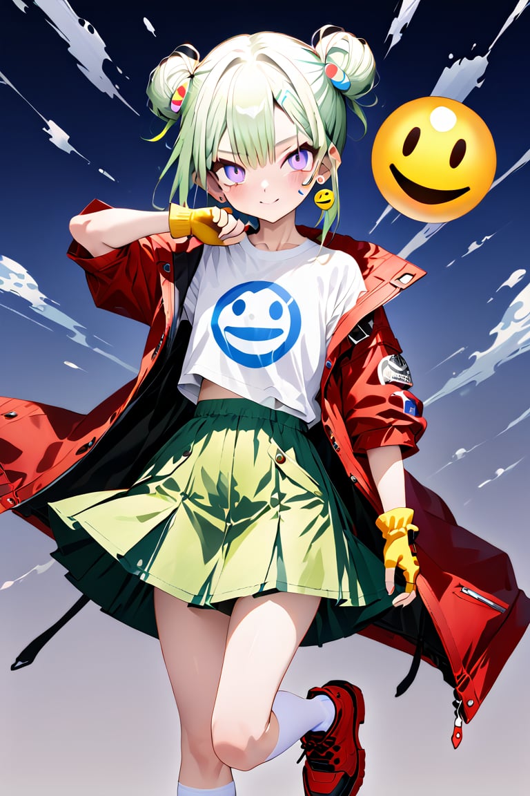 (masterpiece), (best quality), (ultra-details) against a dark background, in the style of an anime illustration. looking at viewer
BREAK
1girl, 18 years old, green hair, twin bun hairstyle, red leather jacket, white logo t-shirt , green skirt, white knee highs, red leather ankle boots, yellow fingerless gloves, earrings, smiley face emoji earrings, BREAK