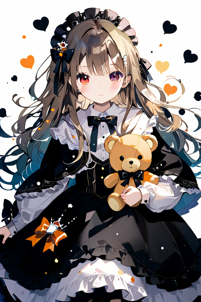 1girl, solo, long hair, looking at viewer, blush, bangs, brown hair, hair ornament, red eyes, long sleeves, dress, bow, holding, closed mouth, hair bow, frills, bowtie, black dress, fur trim, black bow, capelet, watermark, stuffed toy, frilled dress, stuffed animal, crown, box, gift, lolita fashion, teddy bear, orange bow, mini crown, holding stuffed toy,hue