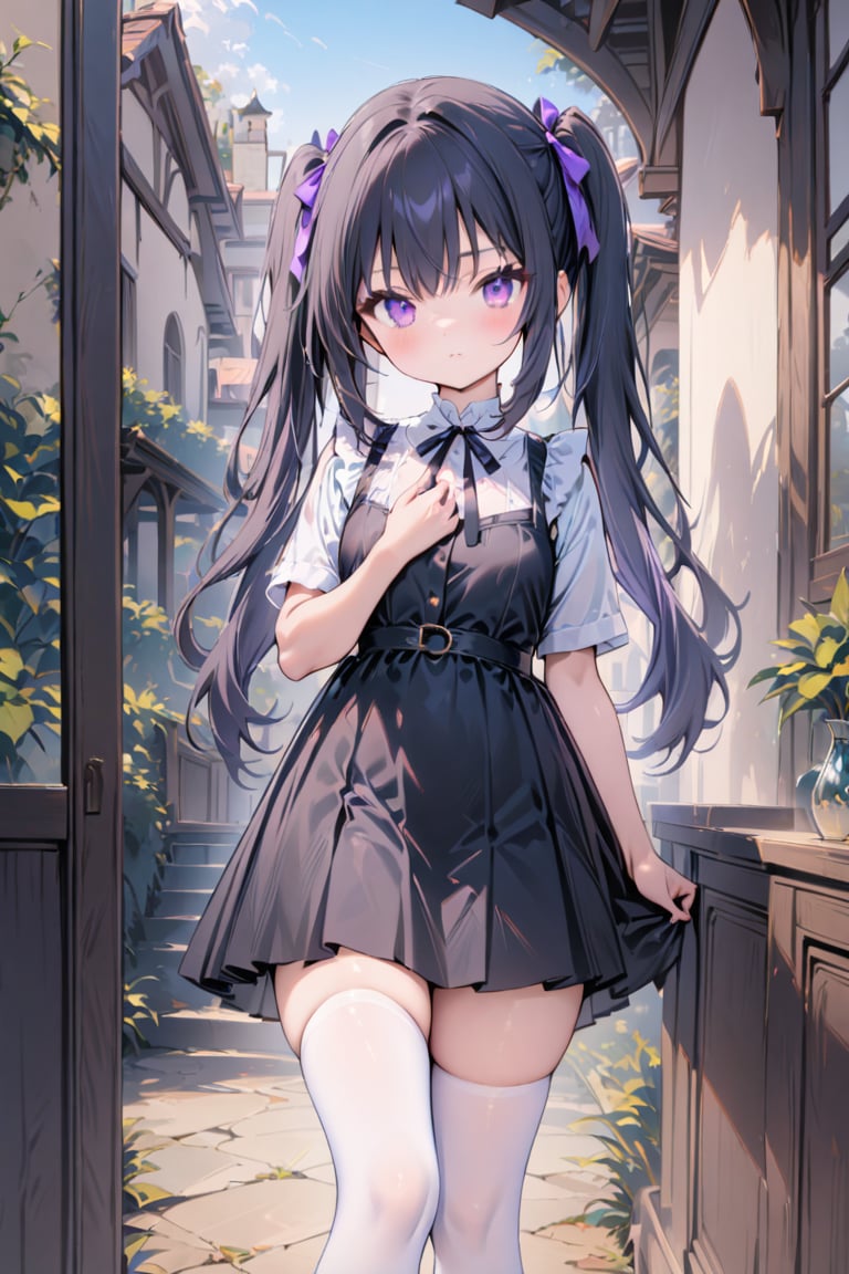 (masterpiece),(best quality), 1girl, solo, purple eyes, long hair, black hair, hair bow, ribbon, twintails, standing, socks, black dress, Villa,white stockings