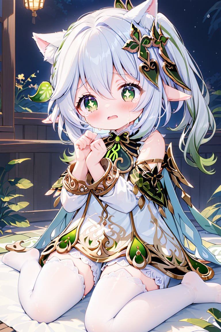 {{{nahida (genshin impact)}}},,,,very aesthetic,warm-toned,White stockings,Petite,cat ears,long sleeves covered hands,wariza,Lace-edged pajamas,crying,tears,{{wiping tears}},night,reverse light,golden light, loli,white stockings