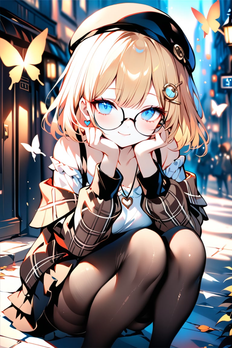 (masterpiece), (best quality), illustration, ultra detailed, hdr, depth of field, (colorful),[artist:wlop],[[artist:sheya]],artist:hiten_(hitenkei), 1girl, solo, looking at viewer, smile, short hair, bangs, blue eyes, skirt, blonde hair, shirt, hair ornament, long sleeves, hat, bare shoulders, jewelry, sitting, closed mouth, collarbone, white shirt, heart, pantyhose, earrings, outdoors, frills, glasses, hairclip, virtual youtuber, necklace, off shoulder, blurry, official alternate costume, plaid, black headwear, blurry background, beret, squatting, bob cut, bug, butterfly, head rest, brown jacket, round eyewear, brown headwear, off-shoulder shirt, frilled shirt, hands on own face, official alternate hairstyle, heart earrings, hands on own cheeks, monocle hair ornament, plaid jacket, key necklace, watson amelia,black stockings