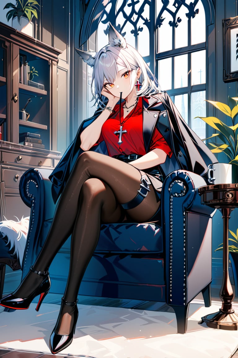 Extreme detailed, (masterful), 1girl, solo, looking at viewer, hand on own face, head rest, hand on own cheek, skirt, shirt, jewelry, sitting, jacket, earrings, necklace, black footwear, high heels, black jacket, crossed legs, cross, red shirt, jacket on shoulders, thighs, pantyhose, thigh strap, mouth hold, wolf ears, crossed legs, black pantyhose, armlet, indoors, cup, book, window, chair, table, plant, couch, mug, coffee mug, claraval,black stockings