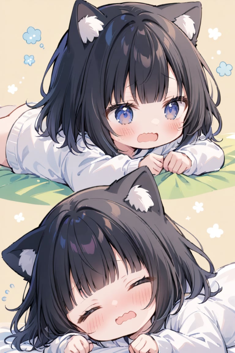 1girl, solo, blush, short hair, open mouth, bangs, black hair, long sleeves, animal ears, lying, virtual youtuber, blunt bangs, chibi, wavy mouth, on stomach, sleepy