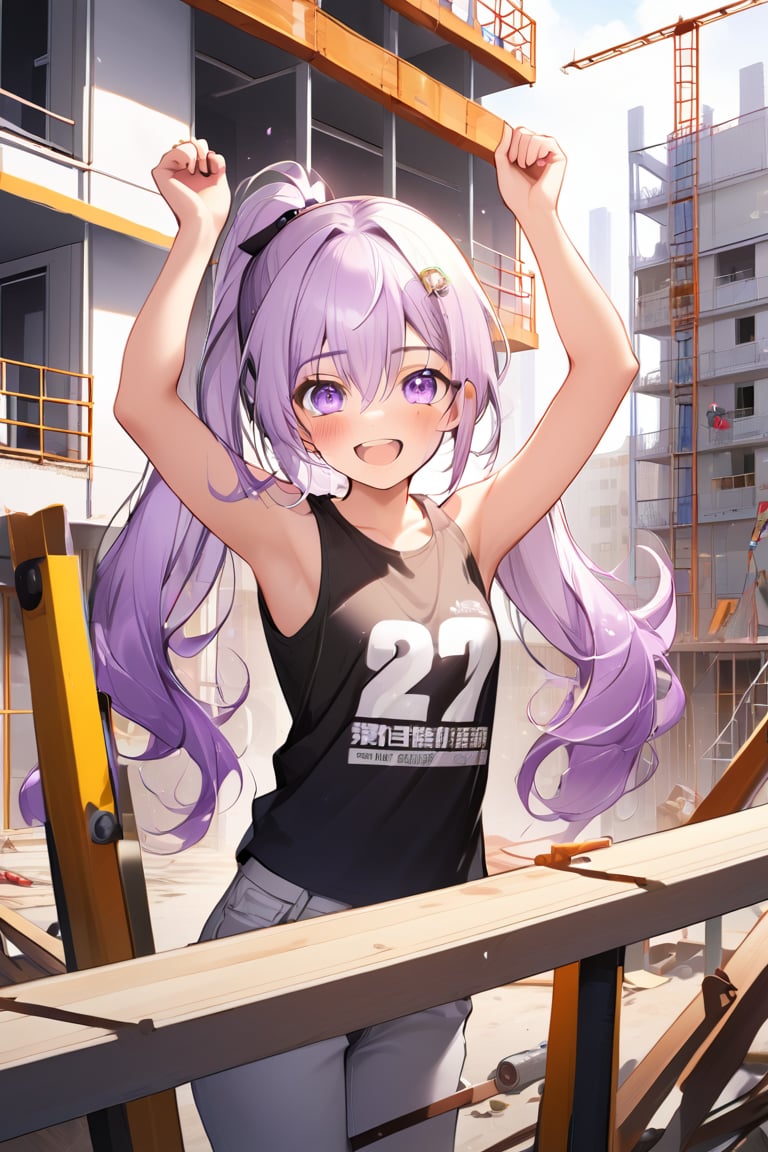 single-family house under construction, person raising both hands, celebrating, joyful expression, construction site, scaffolding, building materials, daytime, realistic, high detail,
one side arm up,

BREAK ((cute eyes)), ((17 years old girl)), 1girl, (light purple hair:1.3), (long hair:1.1), wavy hair:1.1, (flat chest), hime cut, (light purple eyes:1.1), ((cute eyes)), ((;>, ;d)), high school student, smile eys, smile,
((sleeveless T-shirt)), ((pony tail)),