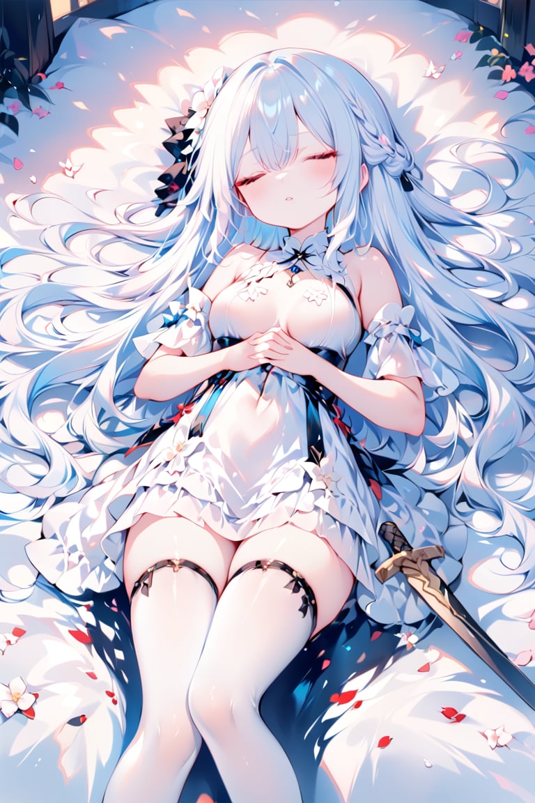 (masterpiece), (best quality), illustration, ultra detailed, hdr, Depth of field, (colorful),loli,[Artist:wlop],[[Artist:sheya]],Artist:hiten_(hitenkei), 1girl, solo, long hair, closed eyes, lying, thighhighs, dress, petals, on back, white dress, breasts, white thighhighs, detached sleeves, very long hair, hair spread out, white hair, weapon, bare shoulders, feet out of frame, sword, medium breasts, parted lips, own hands together, frills, white theme