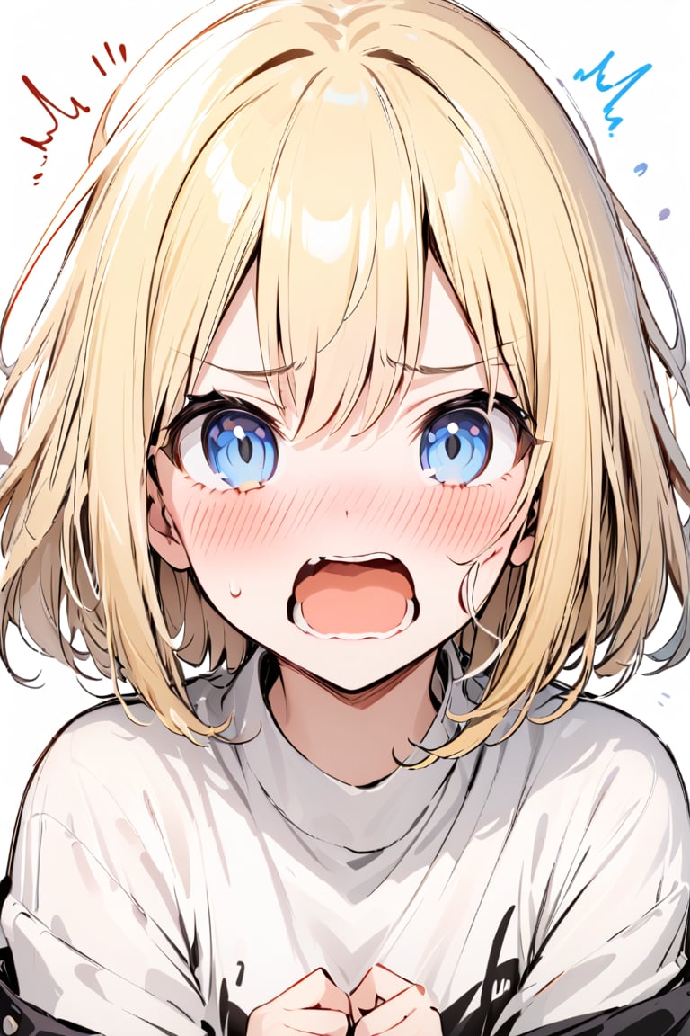 masterpiece, best quality, 1 girl, cute, golden blonde hair, medium length, bob cut, surprised, blush, open mouth, embarrassed,  flustered, cute, tsundere, closeup
