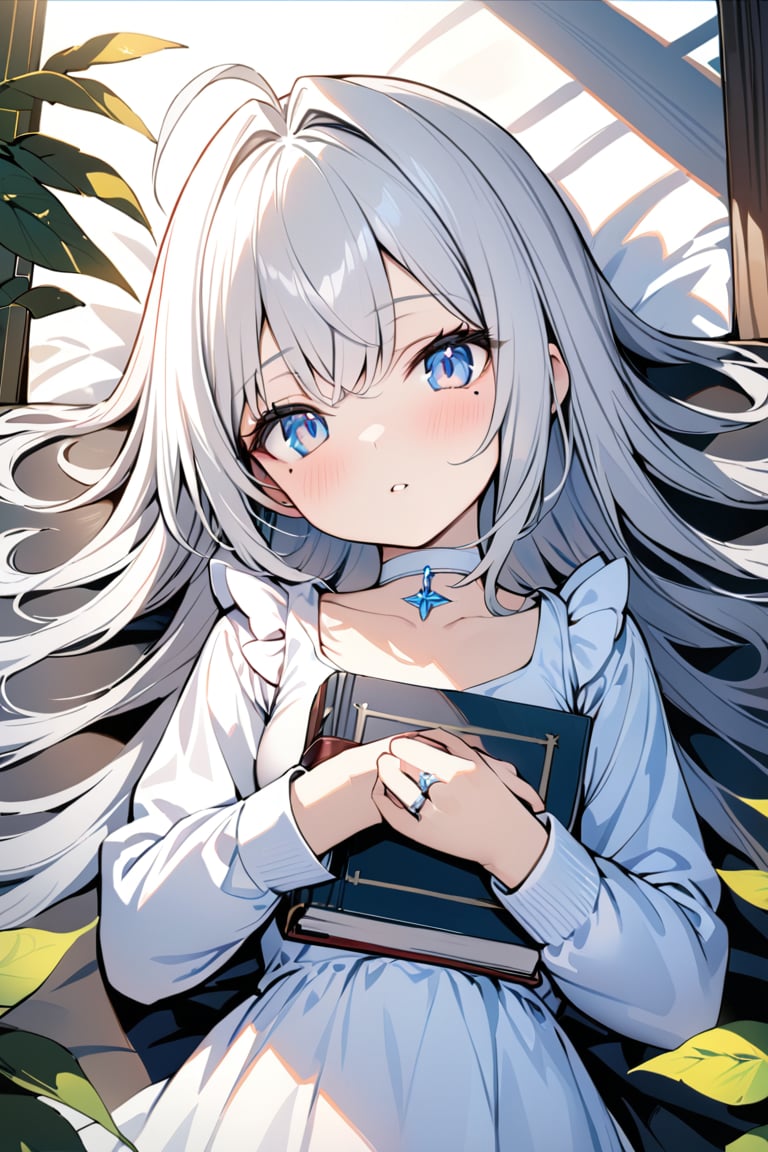 (masterpiece), (best quality), illustration, ultra detailed, hdr, Depth of field, (colorful),loli,1girl, solo, holding, book, long hair, white choker, holding book, mole under eye, choker, ahoge, mole, parted lips, white dress, blue eyes, hair intakes, upper body, jewelry, looking at viewer, leaf, frills, dress, white hair, long sleeves, hugging object, lying, grey hair, huge ahoge, bug, collarbone, on back, plant, ring