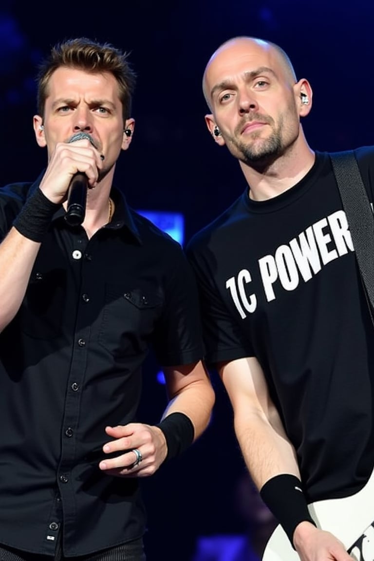 two men are performing on a stage at a concert. The man on the left is wearing a black button-down shirt, black wrist bands, and a black microphone. He is holding a microphone in his left hand, and his mouth is slightly open. His hair is short and brown, and he has a serious expression on his face. His right hand is positioned in front of him, while he is playing a white guitar. His shirt is adorned with the word "1C Power" in bold white letters. 