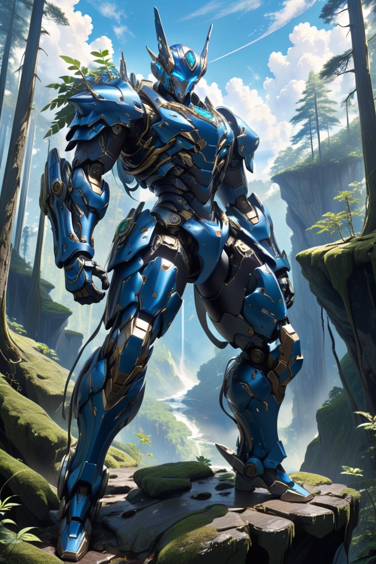 A metallic blue cyborg stands poised atop a rugged cliff, one knee bent in a warrior's stance, as a majestic forest rises below like a verdant sea. He grips an automatic rifle tightly in his raised hand, eyes locked intently on the forest floor, where shadows dance beneath the rare clouds scattered across the clear blue sky.