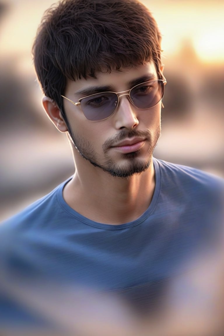 solo, short hair, brown hair, shirt, black hair, 1boy, closed mouth, upper body, male focus, outdoors, glasses, day, artist name, blurry, profile, blurry background, facial hair, sunglasses, blue shirt, t-shirt, realistic, stubble, 