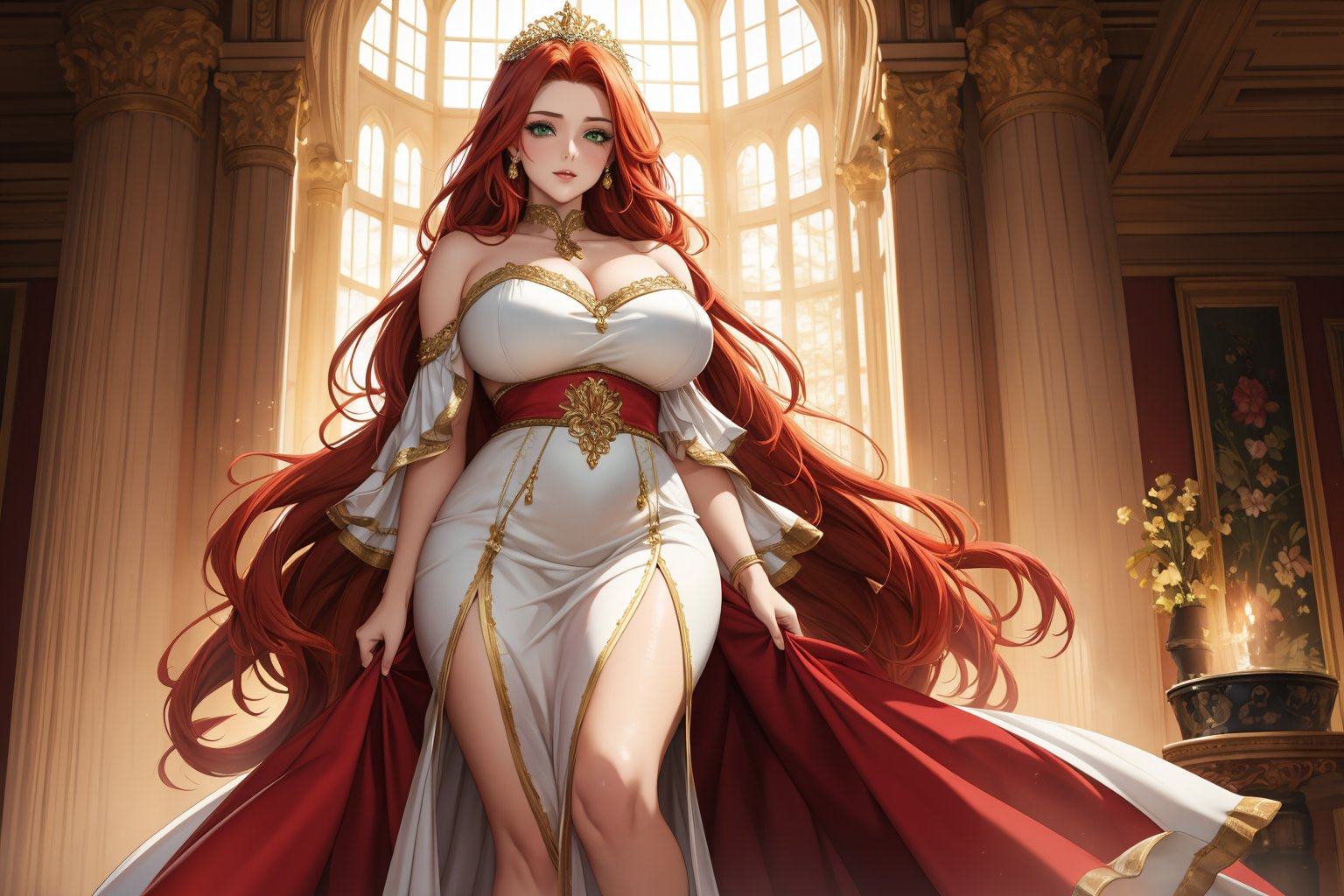 Stately beauty girl, standing tall with piercing green eyes directly addressing the viewer with confidence and pride, amidst a soft focus background. Her long, fiery red locks cascade down her back like a golden waterfall, framing her radiant face adorned with a delicate white tiara. A flowing pastel-hued white dress drapes elegantly around her figure, showcasing big chestnut breasts peeking out from beneath the sweetheart neckline. One knee slightly bent, exuding mastery and beauty in this stunning portrait.