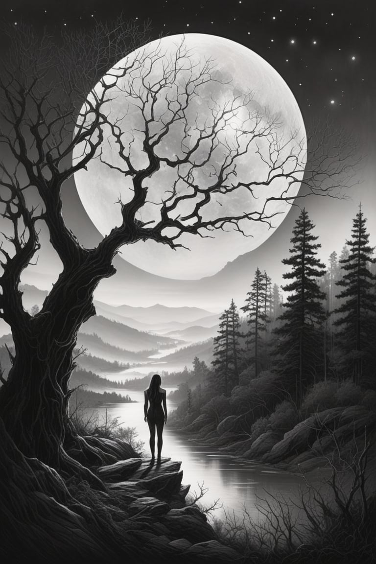 A serene, black-and-white landscape: a figure stands at the window, gazing out into the darkness. The only illumination comes from the radiant, silver-hued full moon hanging low in the monochromatic sky. In the foreground, a majestic tree's silhouette dominates the frame, its branches stretching towards the heavens like skeletal fingers. The forest beyond is shrouded in misty rain, as if the night itself was weeping tears of diamonds.