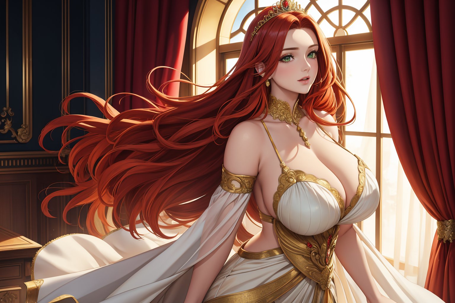 Stately beauty girl, standing tall with piercing green eyes directly addressing the viewer with confidence and pride, amidst a soft focus background. Her long, fiery red locks cascade down her back like a golden waterfall, framing her radiant face adorned with a delicate white tiara. A flowing pastel-hued white dress drapes elegantly around her figure, showcasing big chestnut breasts peeking out from beneath the sweetheart neckline. One knee slightly bent, exuding mastery and beauty in this stunning portrait.