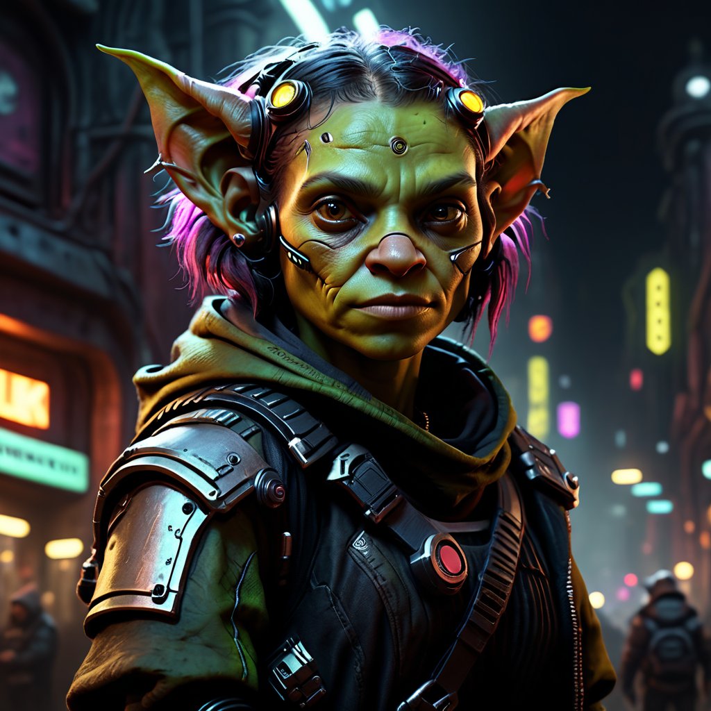 female, (goblin:1.0),(cute:1.4) cyberpunk, , nightcity, underground, realistic, portrait art style, portraitart, (4k:1.6),short stature, shortstack