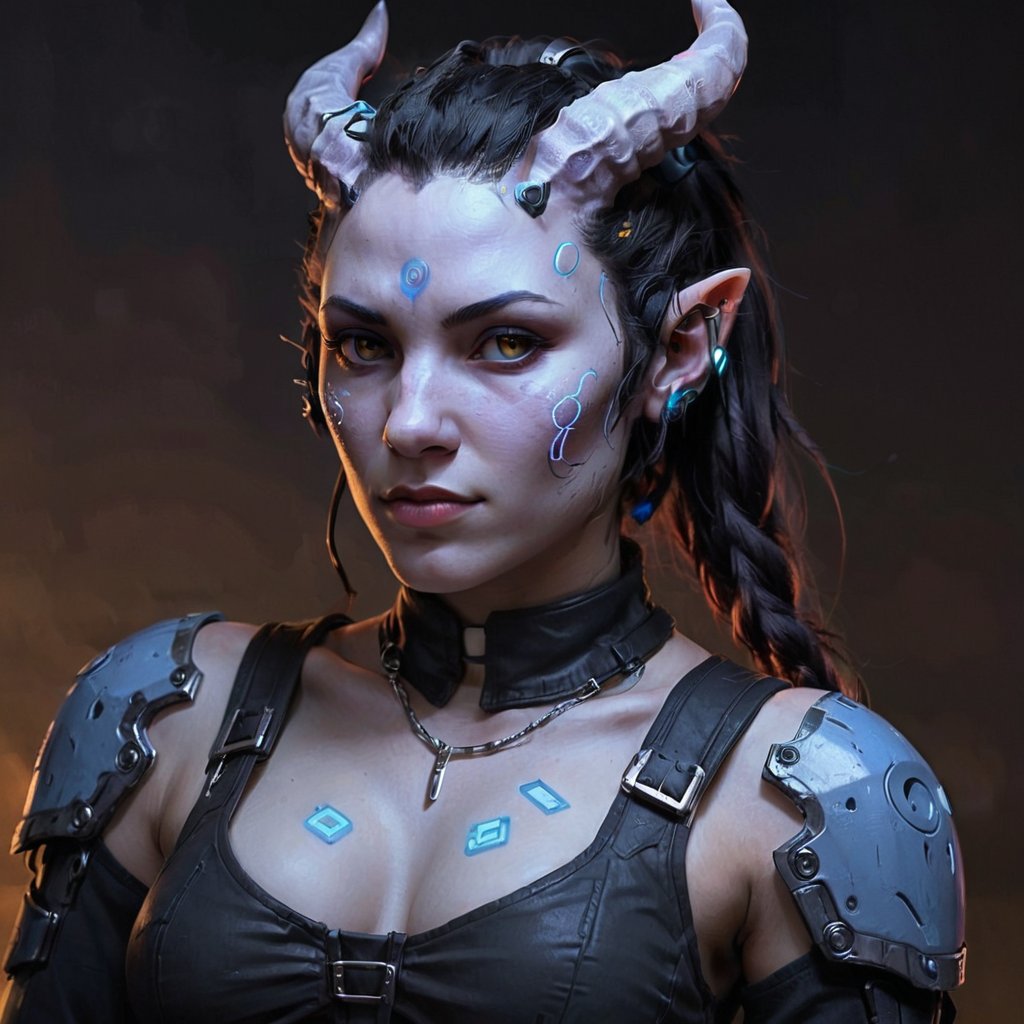 portraitart,portrait art style, realistic, female, (cyberpunk), inst4 style,Tiefling, pointed ears, horns, colored skin, Blue_skin