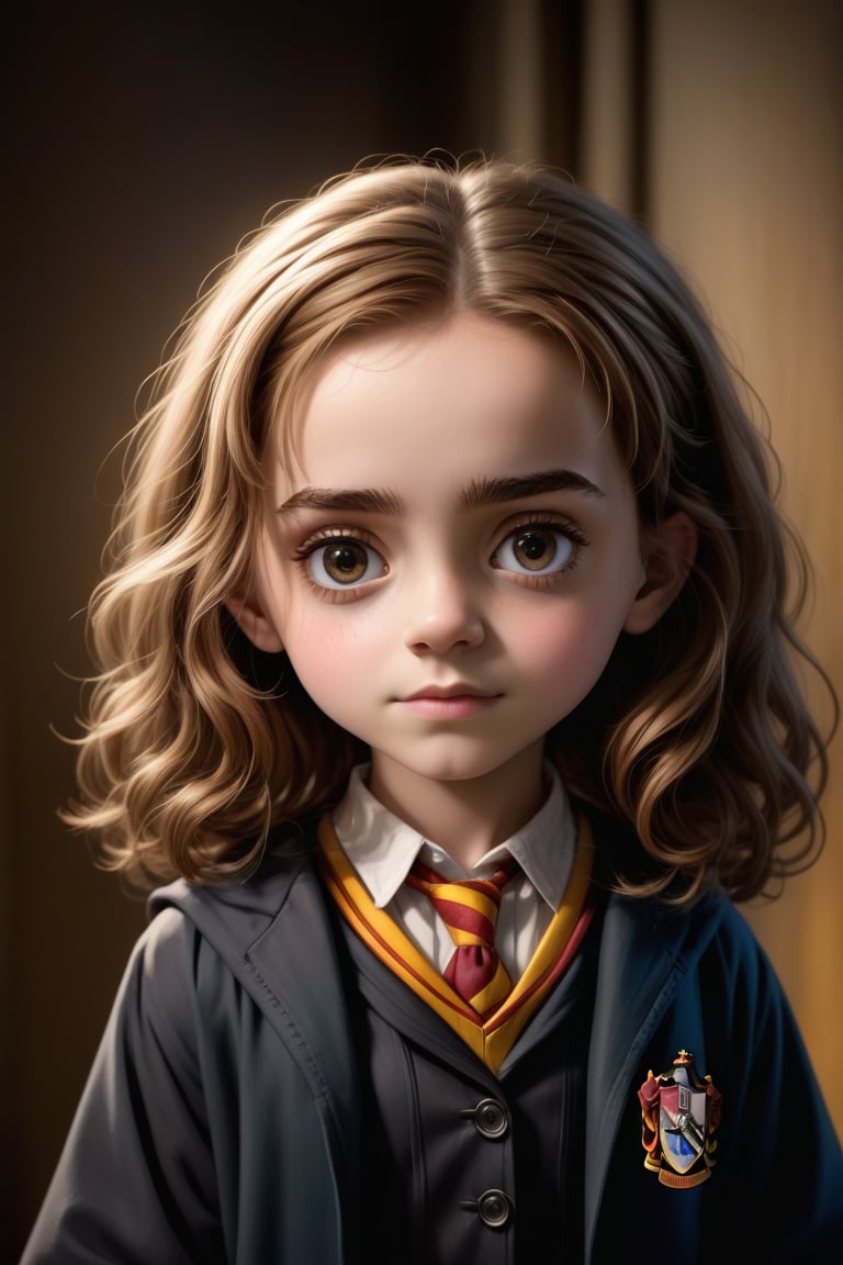 hermione granger, she begins attending Hogwarts as a member of Gryffindor House, she develops close friendships with Harry Potter and Ron Weasley ,very cute tiny, rim lighting, adorable big eyes, small, By greg rutkowski, chibi, Perfect lighting, Sharp focus