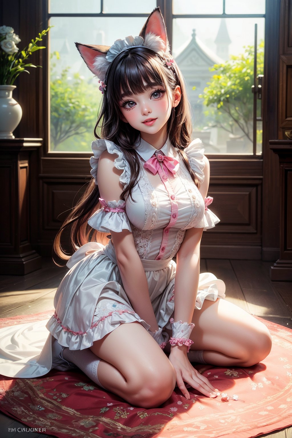 (Masterpiece, Highest quality, Best quality, Official art, Beauty and aesthetics: 1.2), hdr, high contrast, wide angle lens, photorealism, full body,
The pink fox girl system, a system where women dress up as cute pink foxes. This visually stunning image features a soft pink vixen girl with intricate lace detailing on her outfit, a fluffy tail and exaggerated kawaii makeup. The image looks like a detailed digital painting, showing the artist's impeccable craftsmanship and attention to detail. Soft pastel colors and whimsical details create a whimsical and magical atmosphere. This high-quality image exudes charm and fantasy, drawing viewers into a world of playful innocence and femininity. Maid Uniform 1 Girl Most Beautiful Korean Girl Korean Beauty Model Stunningly Beautiful Girl Gorgeous Girl Big Eyes Smiling Looking At Viewer