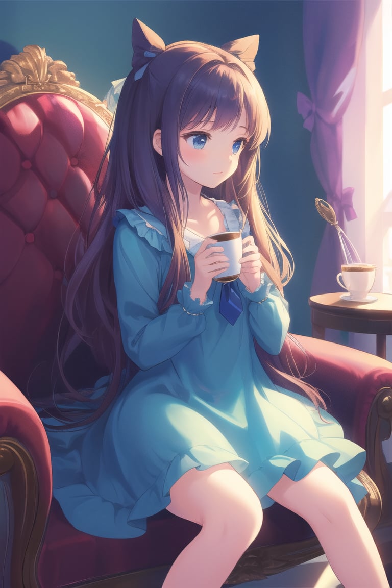 masterpiece, best quality,  Alice, 1girl, long hair, solo, sitting, looking at viewer, hair bow, very long hair, holding cup, long sleeves, necktie, blue dress, on chair, hairband 