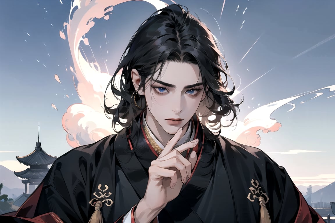 1 man, ((black curly hair)), blue eyes, handsome, angular jaw, thick neck, male focus, (((hanfu:1.3))), long sleeve, masterpiece, upper body shot, mist and fog, smokey swirls,Chinese style