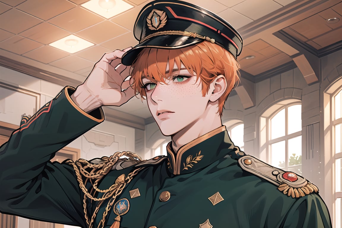 1 man,((orange short curly hair)), (freckle), ((bangs)), green eyes, handsome, angular jaw, thick neck, shy, upper body, male focus, (((military uniform:1.3))), long sleeve, by Raphael, masterpiece, upper body shot, magnificent indoor hall