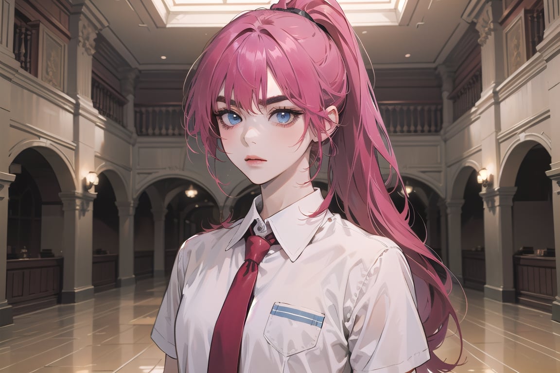 ((Fuchsia hair)), (thick eyebrows), (small chest:1.1), (bangs), ((long ponytail)), blue eyes, mad, wearing a ((school uniform)), red tie, short sleeve, by Raphael, masterpiece, upper body shot, magnificent indoor hall,Argissa,1 girl