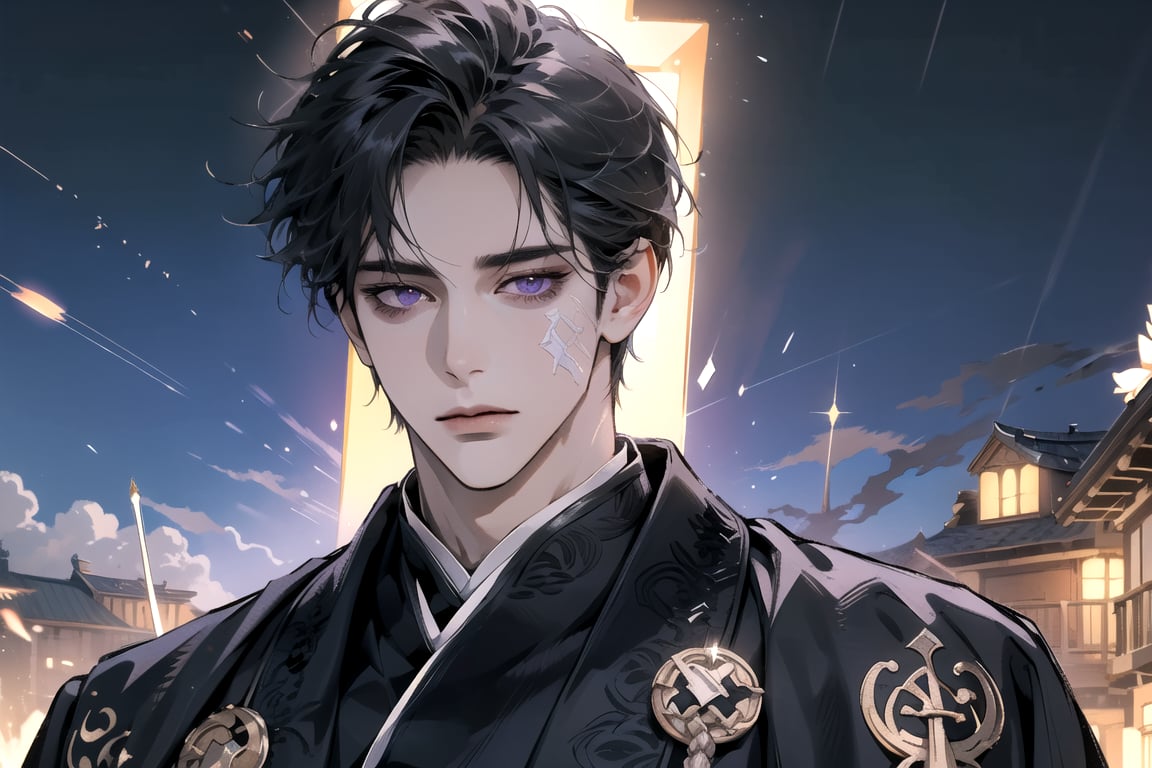 (Absurdres, Intricate Details, Masterpiece, Best Quality, High Resolution, 8k), (1man), (male:1.2), mature face, (mature boy:1.2) finely detailed eyes and face, lean body, adventurous appearance, finely detail eyes and face, black long straight hair, (purple eyes), (focus on character:1.1), solo, full shot, looking down, detailed background, detailed face, (glowing runes, glowing runes theme:1.1), glowing eyes, thunder, thunder manipulation, weightless, ascending, thunder vegetation, magical aura, shocked buildings, advanced technology, translucence, dynamic shadows, ethereal atmosphere, thorough, finely detailed background, Depth of Field, lighting sword, swordman, male, spellcaster, electric energey, lighting robe, fabric lighting robe, electric robe, Chinese style