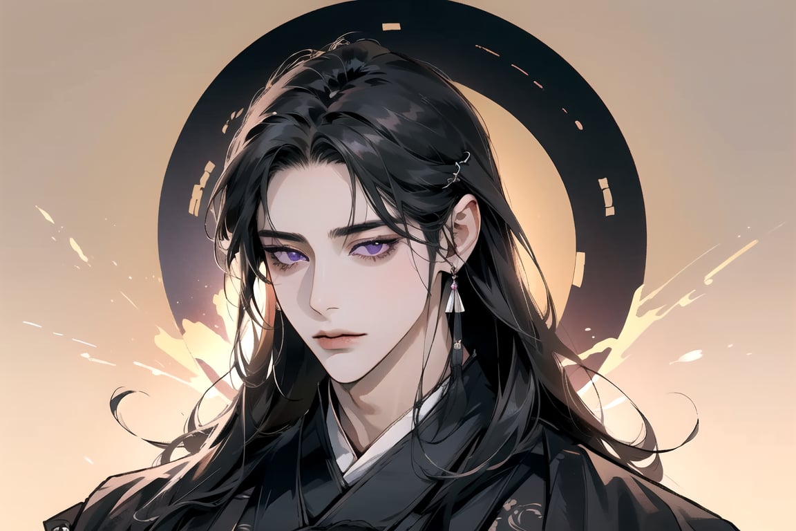 1 man, ((black straight hair)), long hair, purple eyes, handsome, angular jaw, thick neck, (((hanfu:1.3))), long sleeve, masterpiece, full_body_shot, masterpiece, best quality, Chinese cloth, Chinese style, glowing,