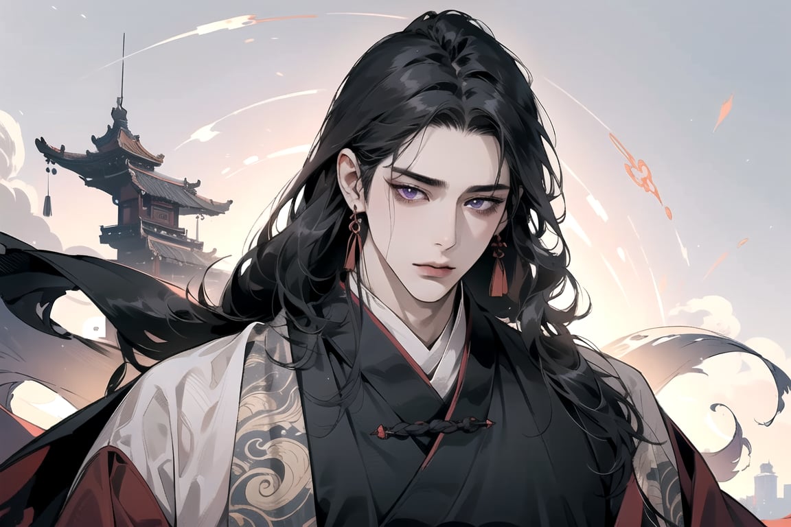 1 man, ((black straight hair)), long hair, purple eyes, handsome, angular jaw, thick neck, (((hanfu:1.3))), ready for battle, long sleeve, masterpiece, full_body_shot, mist and fog, smokey swirls, Chinese style