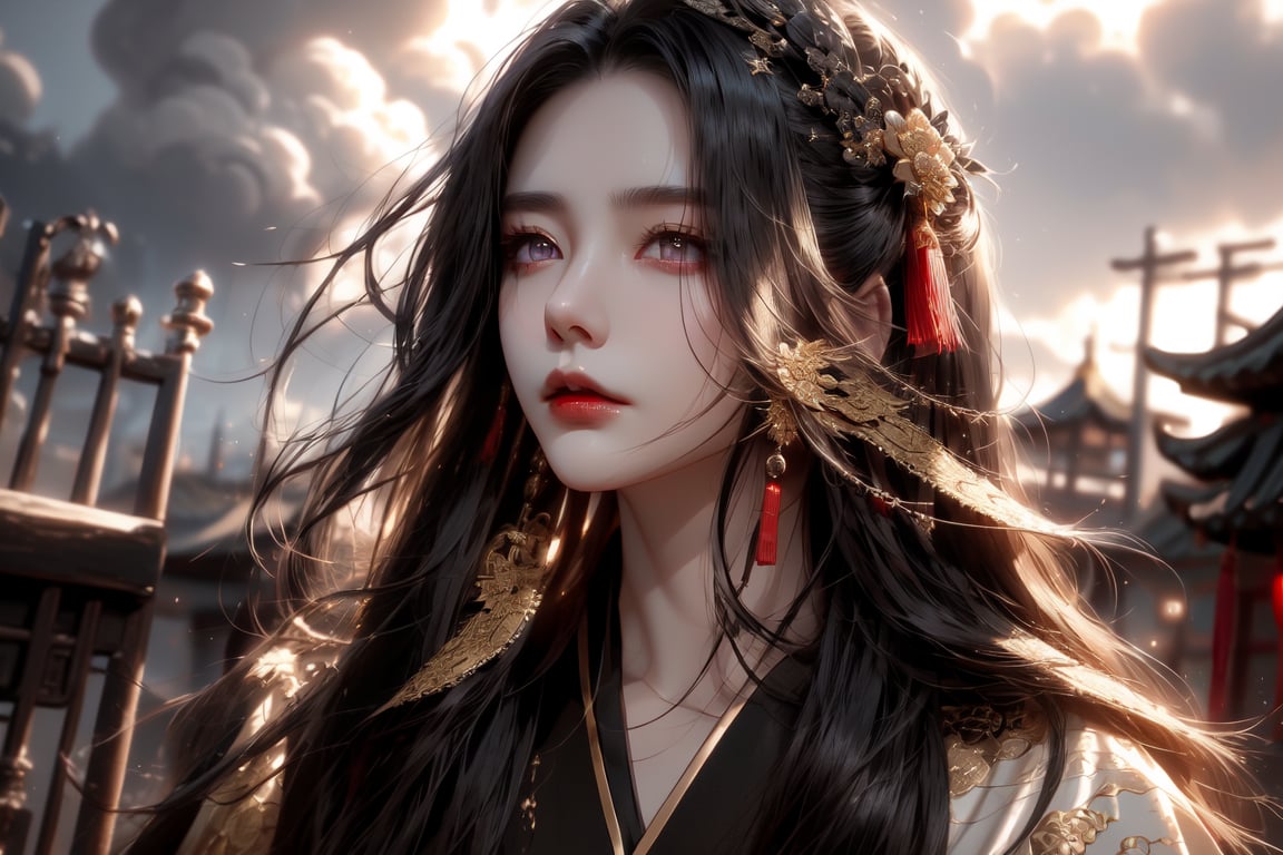 (cowboy shot), dynamic action style, (1woman), (female:1.2), mature face, (mature girl:1.2), sinister smirk, (Chinese hanfu with black and gold accents), finely detailed eyes and face, slim figure, (long black straight hair:1.2) flowing, (purple eyes), (focus on character:1.1), ((solo)), detailed face, detailed eyes, Chinese epic style, clear subject, ultra realistic, ultra detailed, OC rendering, blender, high detail, ultra high quality, dark and ominous atmosphere, dark clouds swirling, subtle mist
