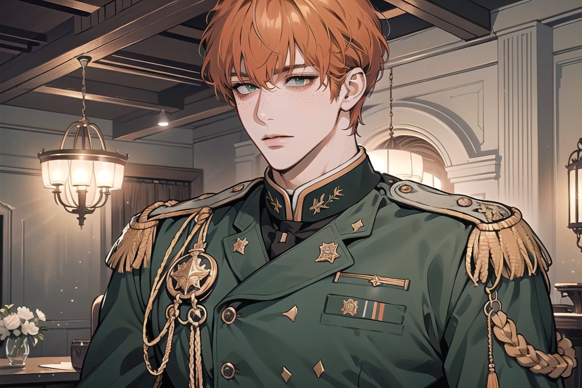 1 man,((orange short curly hair)), (freckle), ((bangs)), green eyes, handsome, angular jaw, thick neck, shy, upper body, male focus, (((military uniform:1.3))), long sleeve, by Raphael, masterpiece, upper body shot, magnificent indoor hall