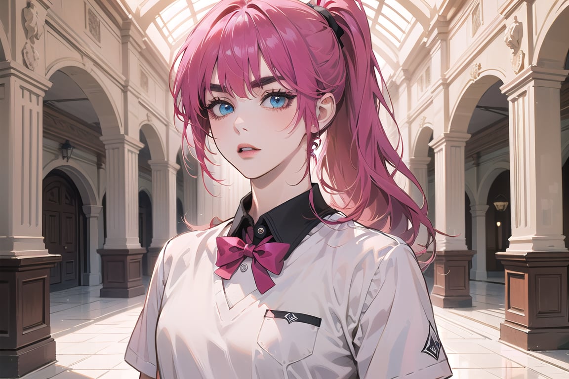 ((Fuchsia hair)), (thick eyebrows), (small chest:1.1), (bangs), ((long ponytail)), blue eyes, mad, wearing a ((school uniform)), short sleeve, by Raphael, masterpiece, upper body shot, magnificent indoor hall,Argissa,1 girl