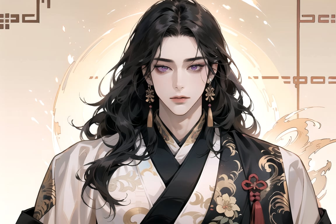 1 man, ((black wavy hair)), long hair, purple eyes, handsome, angular jaw, thick neck, (((hanfu:1.3))), long sleeve, masterpiece, full_body_shot, masterpiece, best quality, Chinese cloth, Chinese style, glowing,