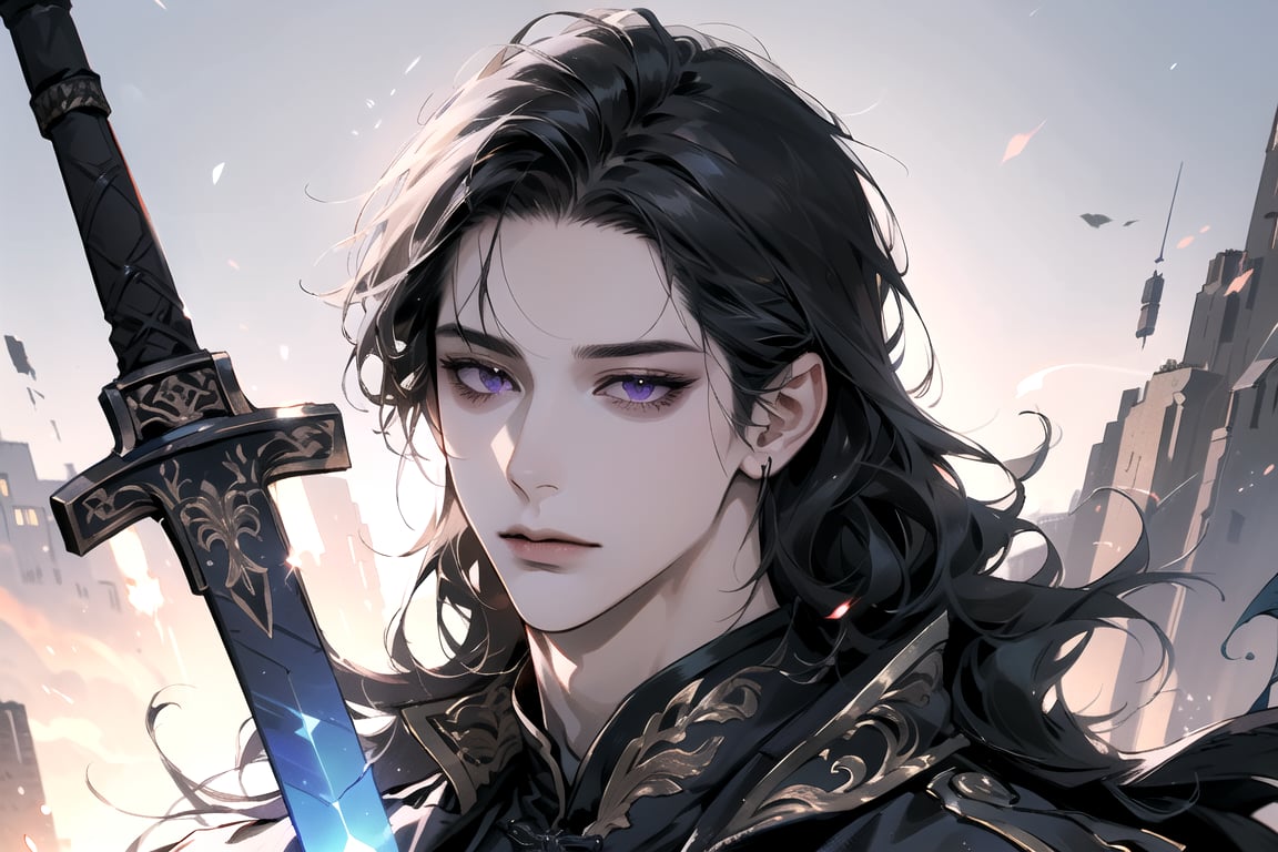 (Absurdres, Intricate Details, Masterpiece, Best Quality, High Resolution, 8k), (1man), (male:1.2), mature face, (mature boy:1.2), finely detailed eyes and face, lean body, black long straight hair, (purple eyes),  ((Medium score)), To reveal the forehead,(focus on character:1.1), solo, full shot, looking down, detailed background, detailed face, thunder manipulation, weightless, ascending, magical aura, translucence, dynamic shadows, ethereal atmosphere, thorough, finely detailed background, Depth of Field, lighting sword, swordman, spellcaster, electric energey, Chinese style