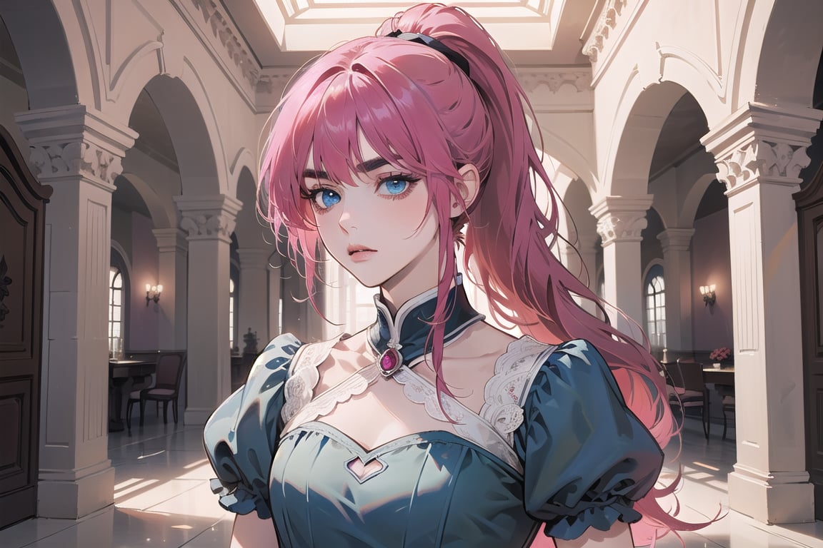 ((Fuchsia hair)), (thick eyebrows), (small chest:1.1), (bangs), ((long ponytail)), blue eyes, mad, wearing a ((Romanticism dress)), short sleeve, by Raphael, masterpiece, upper body shot, magnificent indoor hall,Argissa,1 girl