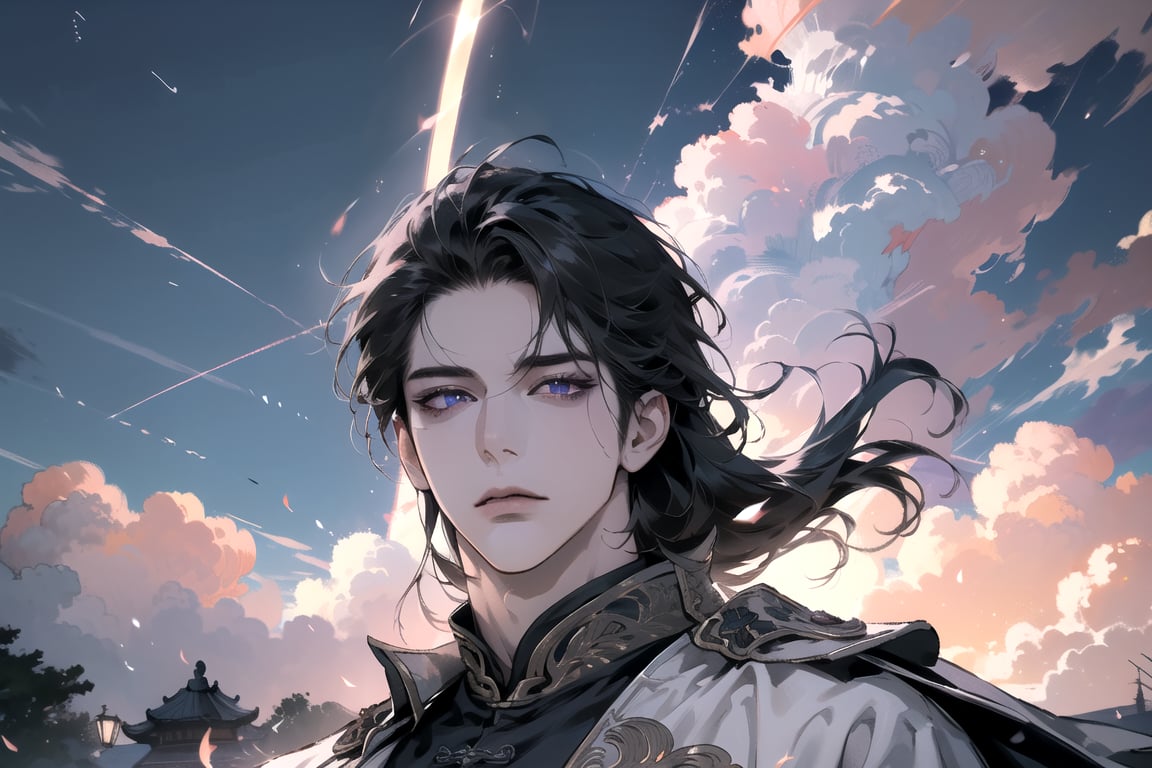 (Absurdres, Intricate Details, Masterpiece, Best Quality, High Resolution, 8k), (1man), (male:1.2), mature face, (mature boy:1.2), finely detailed eyes and face, lean body, black long straight hair, (purple eyes), (focus on character:1.1), solo, full shot, full body, detailed background, detailed face, thunder manipulation, dynamic shadows, ethereal atmosphere, Depth of Field, lighting sword, swordman, spellcaster, Chinese style, (((Ascension))), Mysterious clouds, thunderstorm, (flying:1.6)