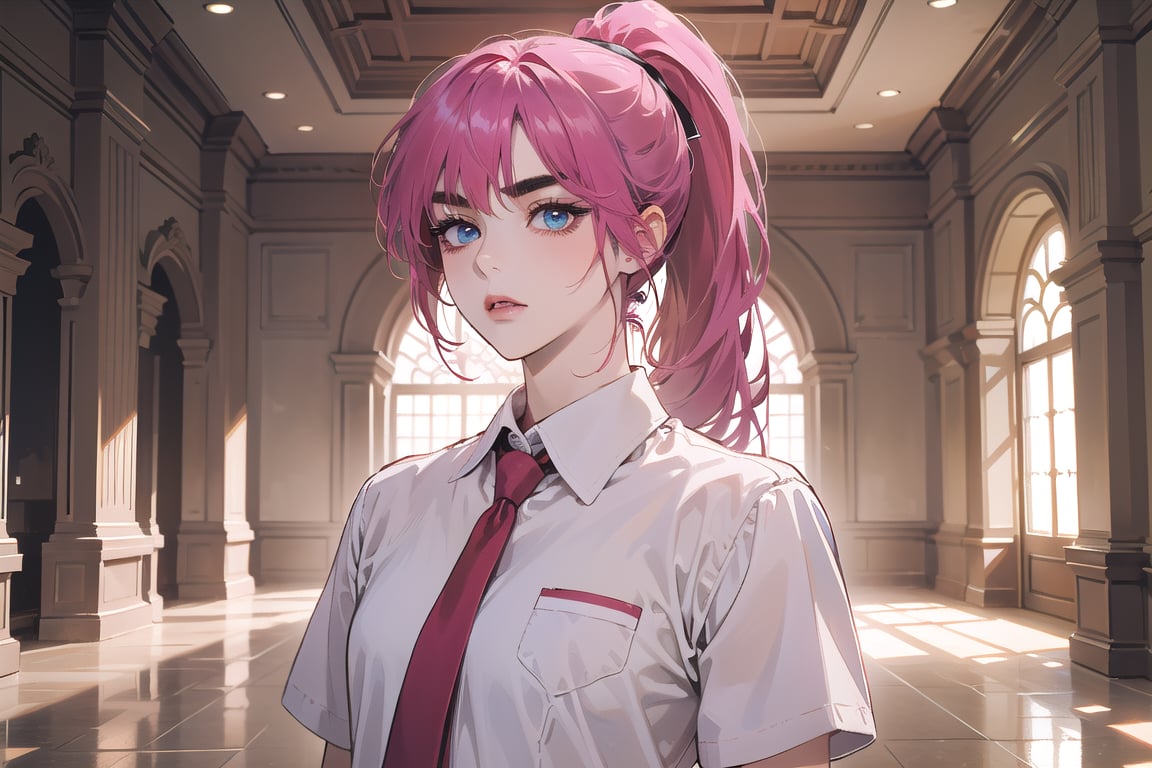 ((Fuchsia hair)), (thick eyebrows), (small chest:1.1), (bangs), ((long ponytail)), blue eyes, mad, wearing a ((school uniform)), red tie, short sleeve, by Raphael, masterpiece, upper body shot, magnificent indoor hall,Argissa,1 girl