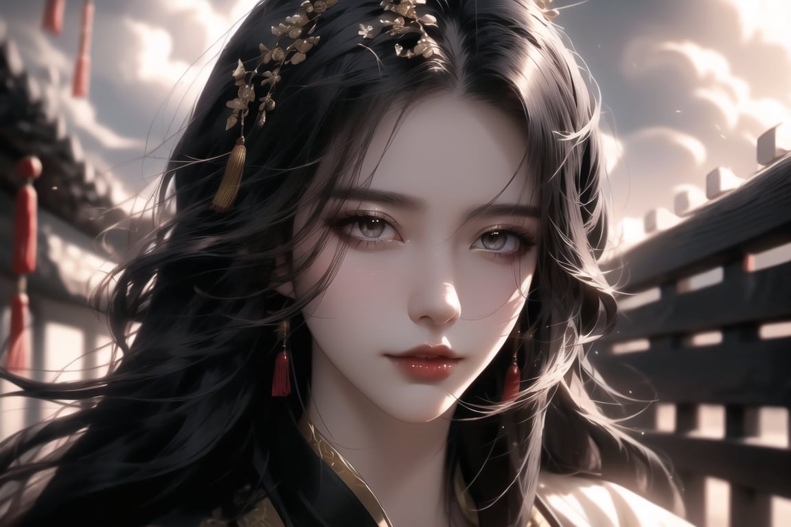 (cowboy shot), dynamic action style, (1woman), (female:1.2), mature face, (mature girl:1.2), sinister smirk, (Chinese hanfu with black and gold accents), finely detailed eyes and face, slim figure, (long black straight hair:1.2) flowing, (purple eyes:1.1), (focus on character:1.1), ((solo)), detailed face, detailed eyes, Chinese epic style, clear subject, ultra realistic, ultra detailed, OC rendering, blender, high detail, ultra high quality, dark and ominous atmosphere, dark clouds swirling, subtle mist
